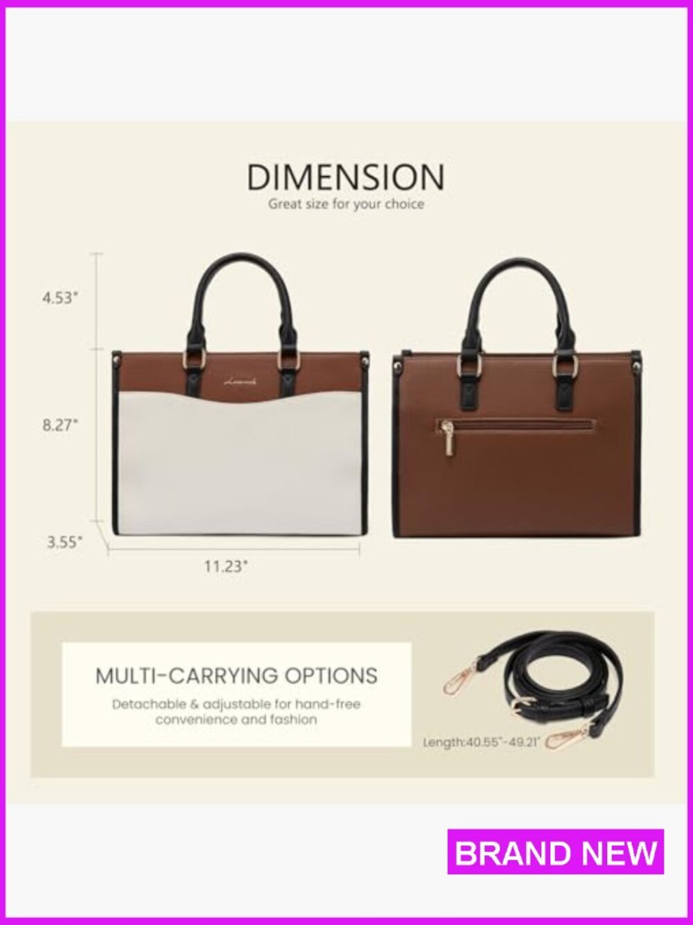Stylish Tote Shoulder Satchel Bag PU Leather Crossbody Top Handle Zipper - Picture 4 of 7